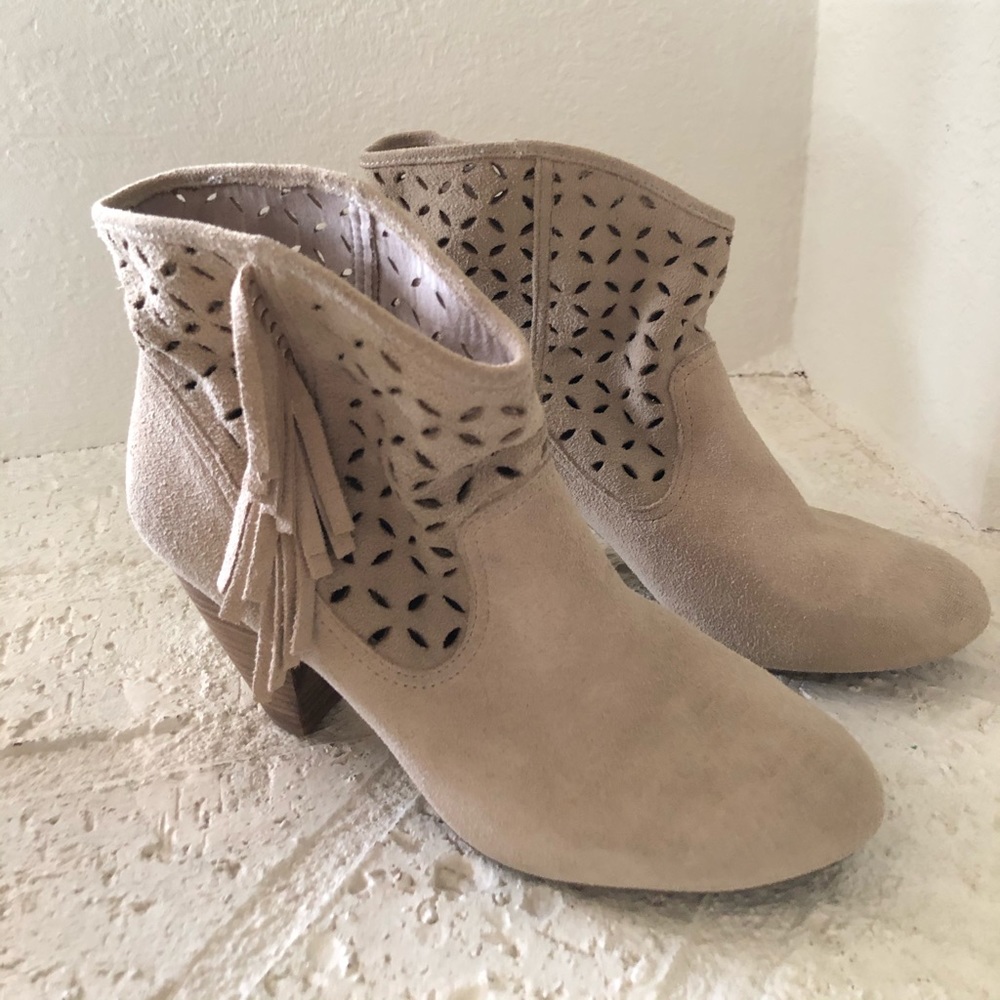 Desert sand suede fringe booties